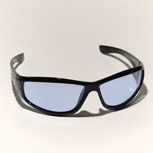 black frame sport sunglasses with blue tinted lens